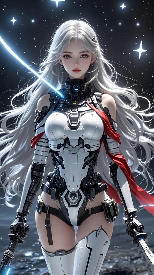 银发机甲女战士持光剑立于星海之中