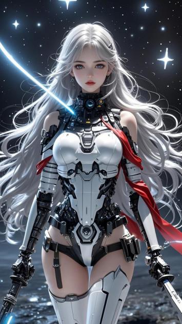 银发机甲女战士持光剑立于星海之中