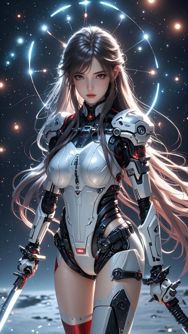 赛博朋克女战士持剑立于星海之中