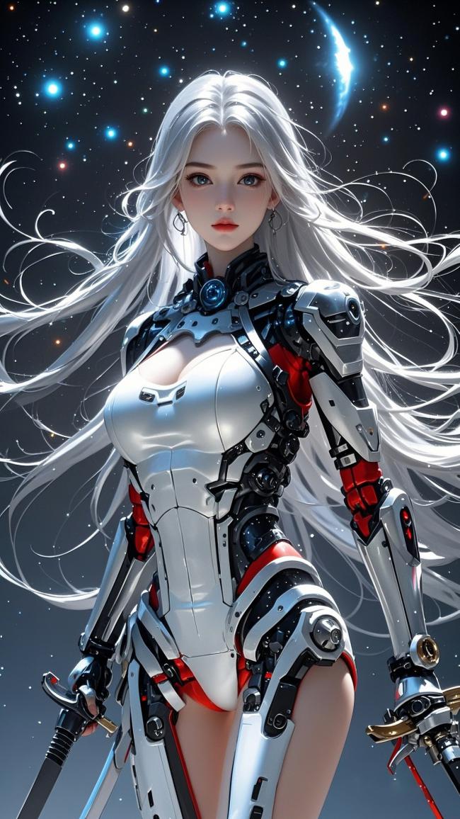 银发机甲女战士立于星海之间