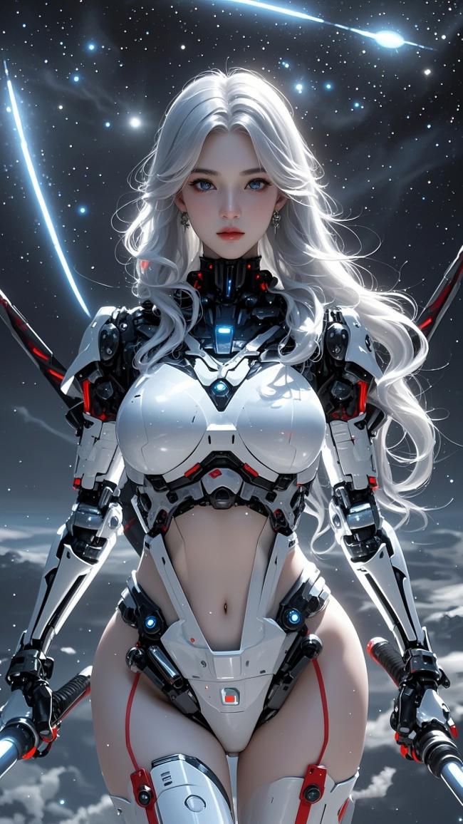 银发机甲女战士立于星海，赛博朋克科幻视觉盛宴