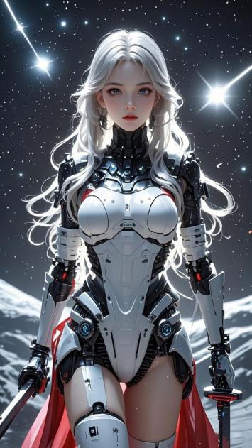 银发机甲女战士立于月球星空之下