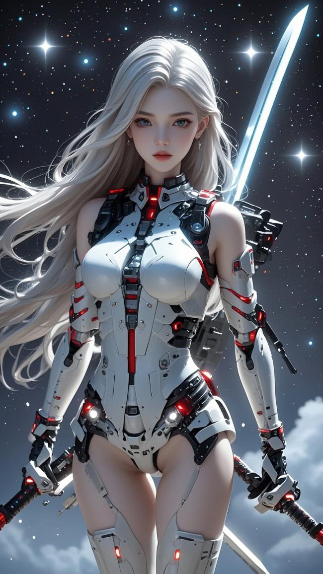 银发机甲女战士持剑立于星海之间