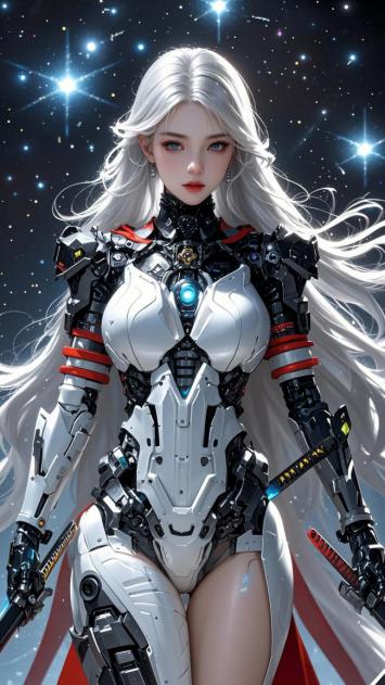 银发机甲女战士：星空下的赛博朋克女神