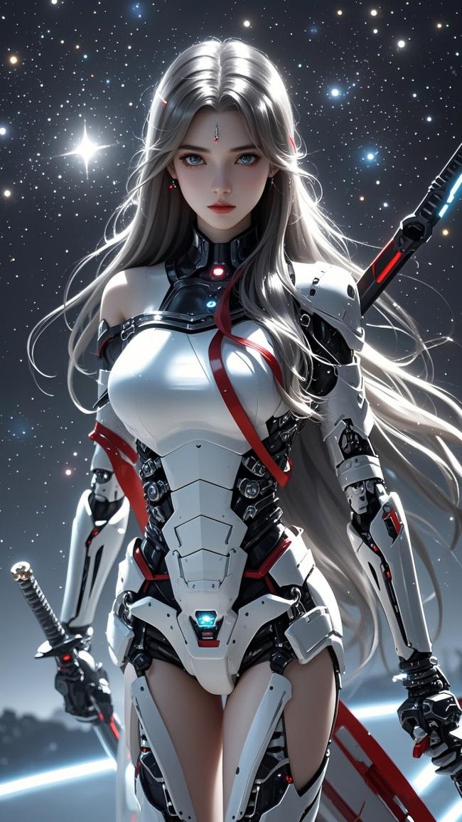 赛博朋克银发女战士手持光剑立于星海