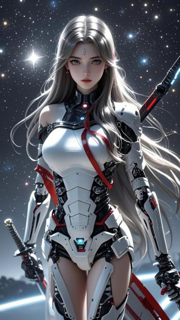 赛博朋克银发女战士手持光剑立于星海