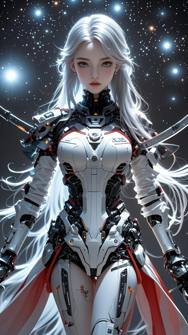 银发机甲女战士立于星海之间