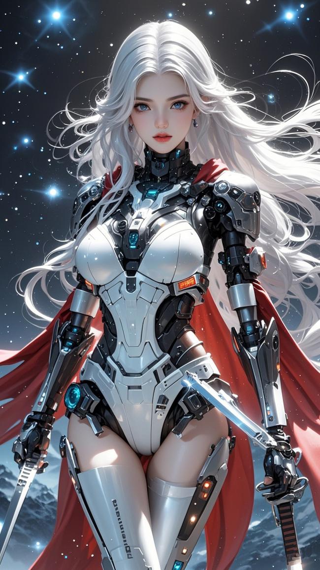 银发机甲女战士：赛博朋克星空雪境