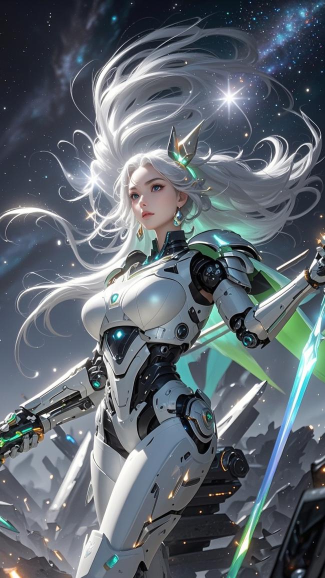 星空下的银发机甲女战士赛博朋克插画