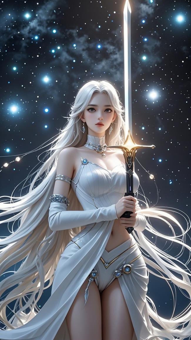 星空下的银发仙侠女战士
