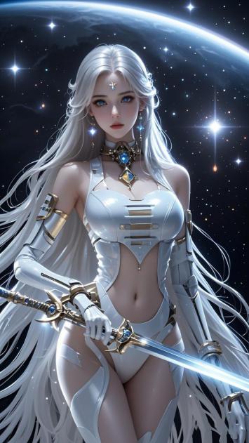 银发女战士持剑立于星海之间