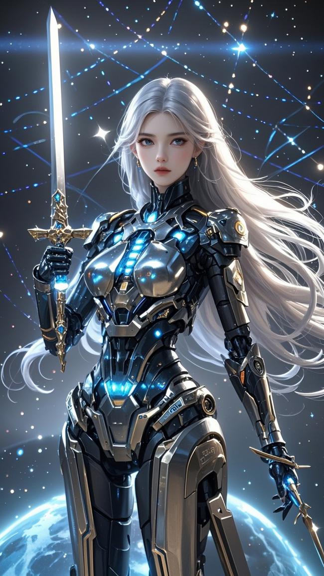 银发机甲女战士持剑立于星海之间