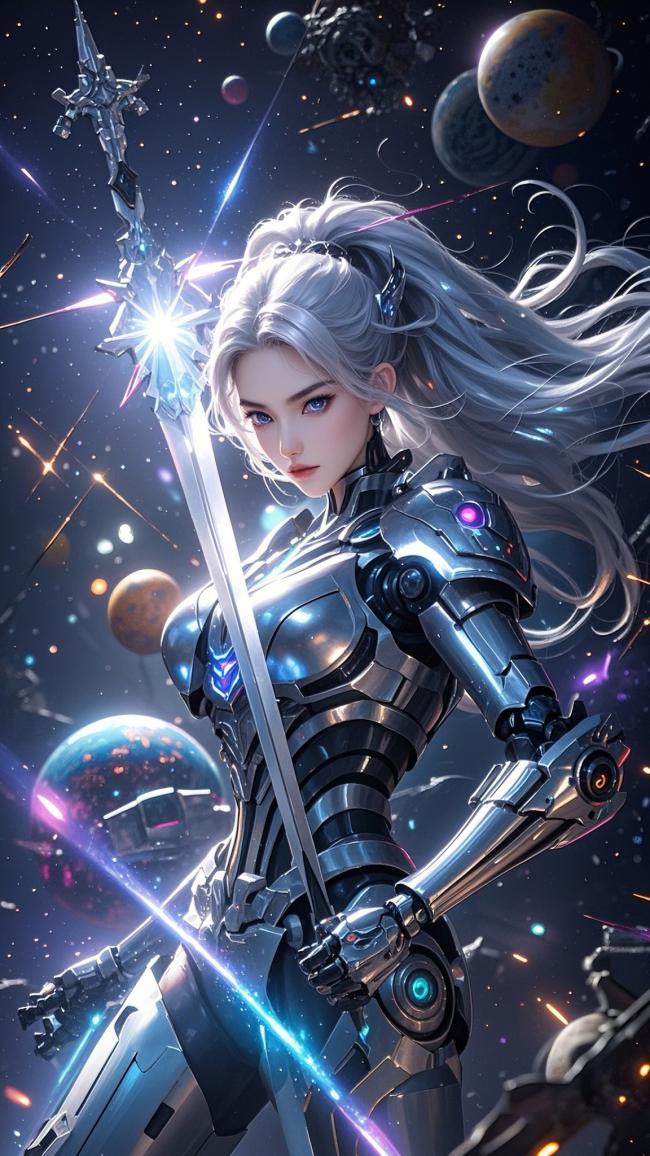 赛博朋克女战士持光剑立于星海之间