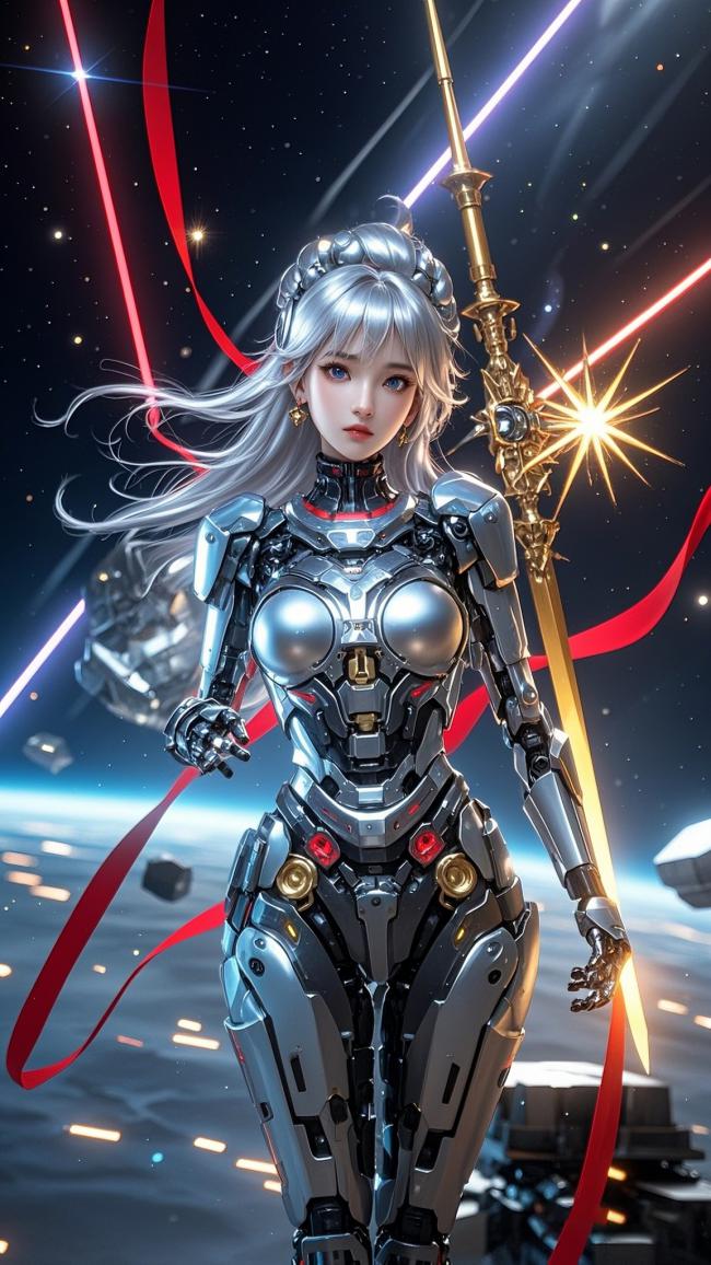 赛博朋克女机甲战士持剑立于星海