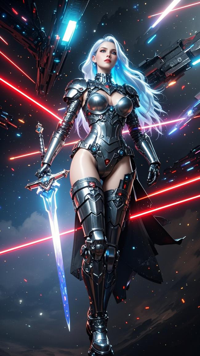 赛博朋克女战士持剑立于星际战场