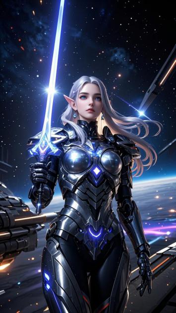 星际女战士持剑立于星海之间