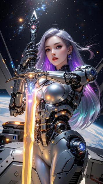 赛博朋克女战士持光剑立于太空舱前