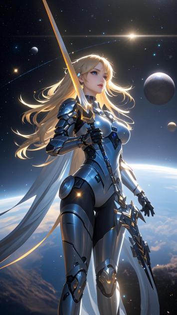赛博女战士持剑立于星海之间