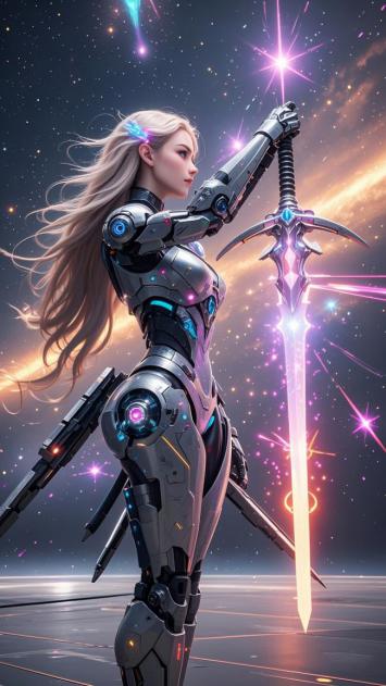 赛博朋克女战士持光剑立于星海