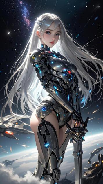 银发机甲女战士立于星海云端