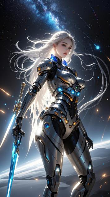 银发机甲女战士立于星海之间 ✨