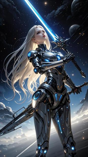 赛博朋克女战士持光剑立于星海之间