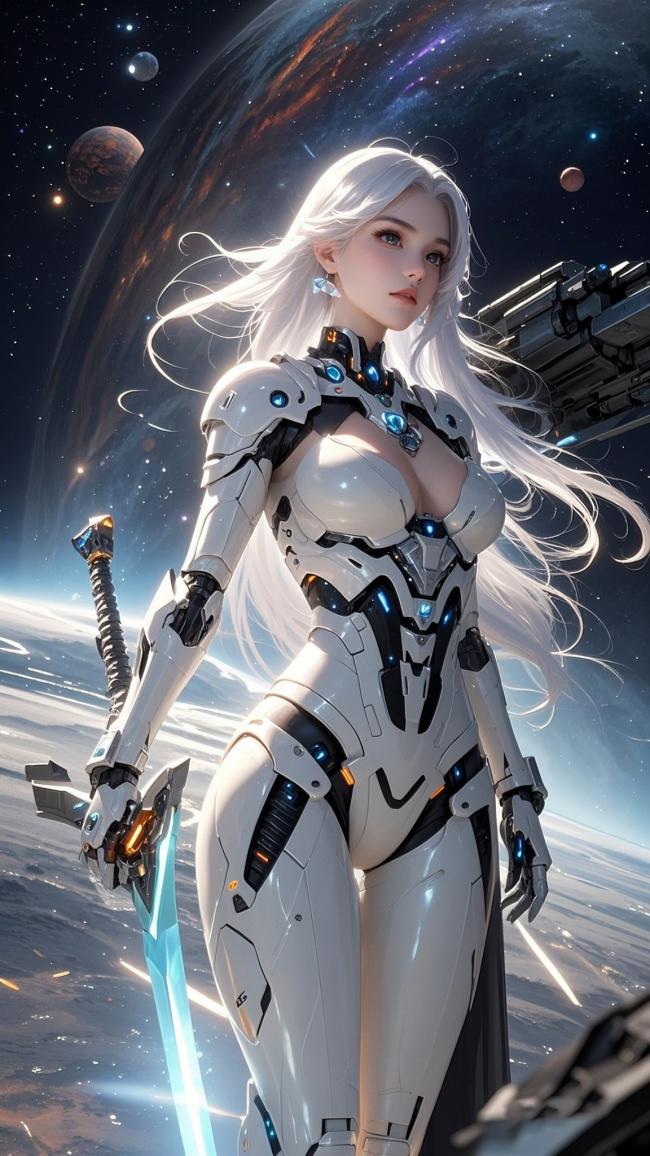 银发机甲女战士立于星环之畔