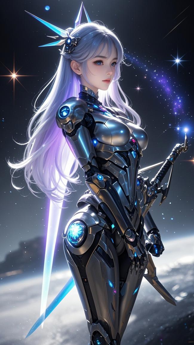赛博机甲女战士星海持剑图
