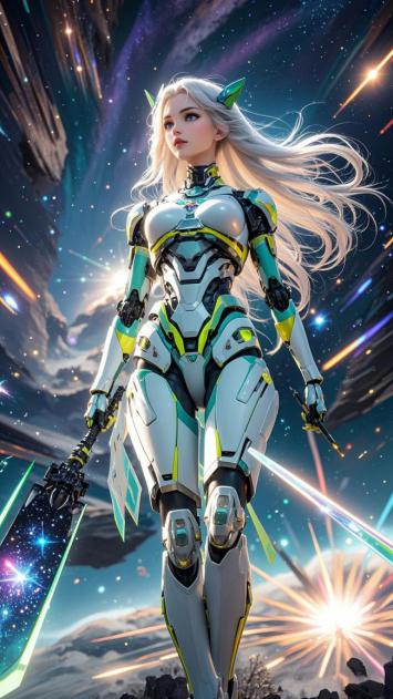 银发机甲女战士立于星际战场，赛博朋克风爆裂光影