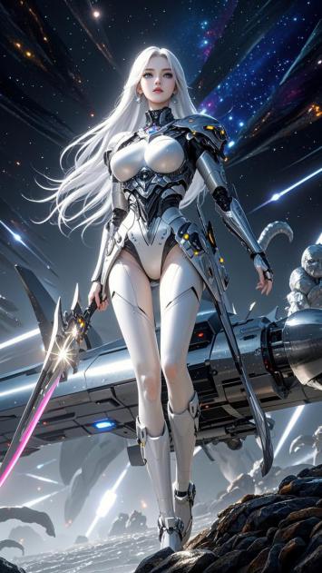 赛博朋克女战士持光剑立于星际战场