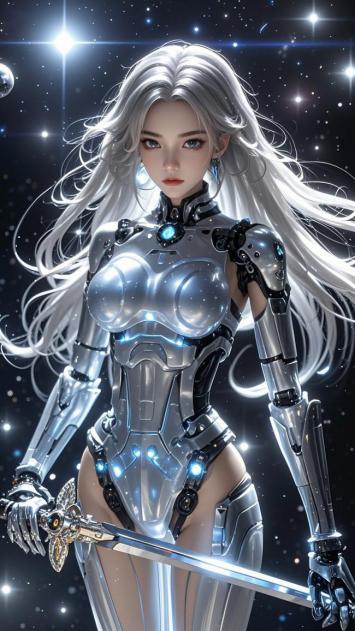 银发机甲女战士持剑立于星海之中