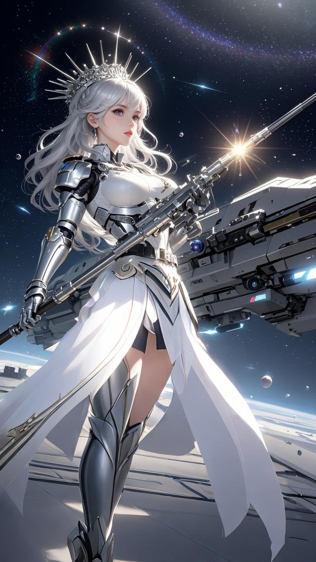 银发机甲女王持枪征战星际战场