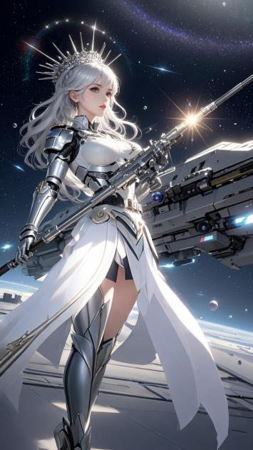 银发机甲女王持枪征战星际战场