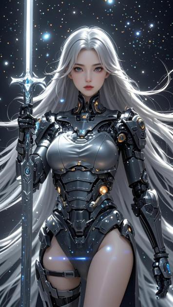 银发机甲女战士持剑立于星海之间