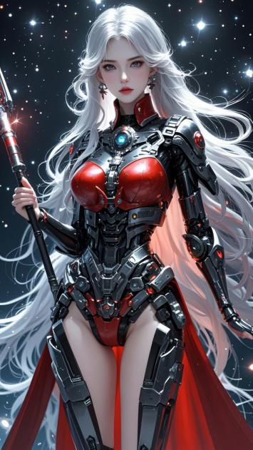 赛博朋克银发女战士持械立星海