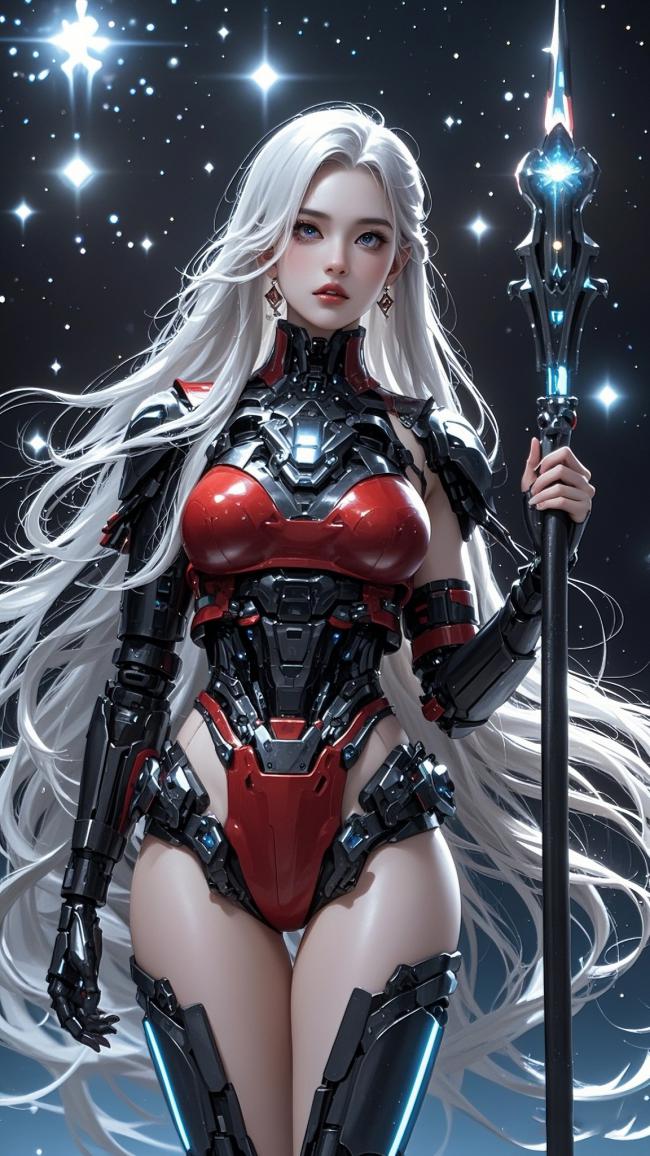 赛博朋克银发女战士持光剑立于星海