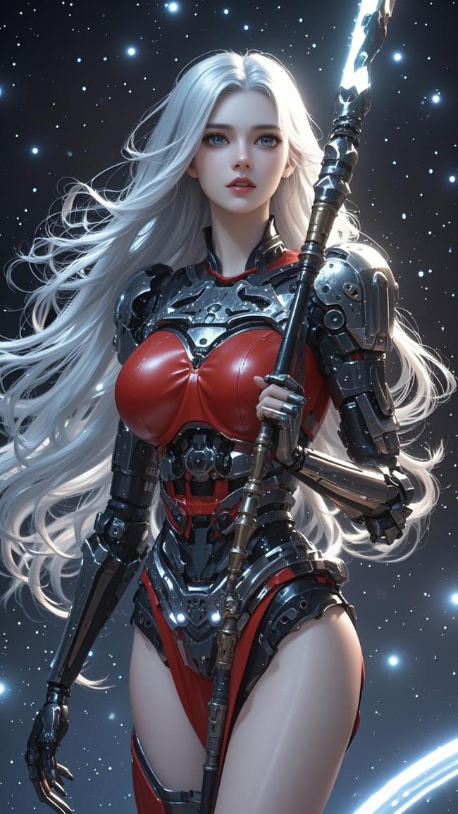 银发机甲女战士：星空下的赛博朋克战神