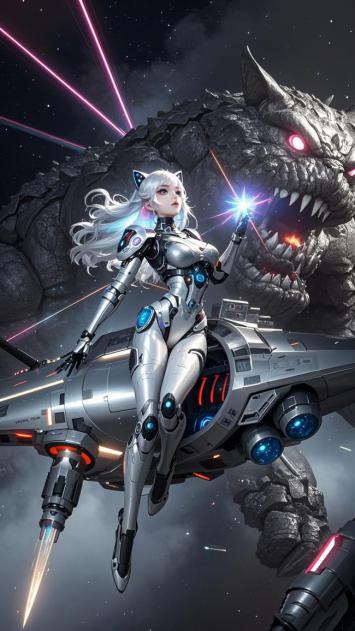 赛博朋克女战士VS太空巨兽激战图