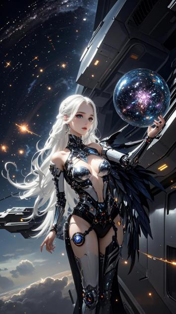 赛博朋克银发女战士持星云球体立于太空站