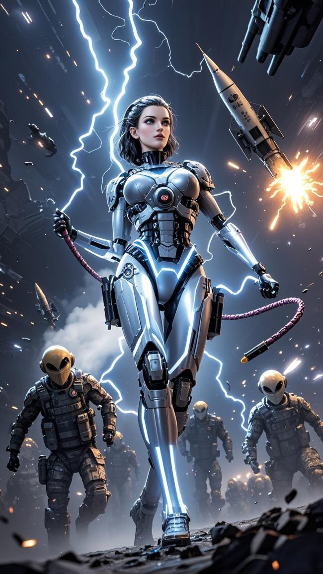 赛博朋克机甲女战士闪电战场图