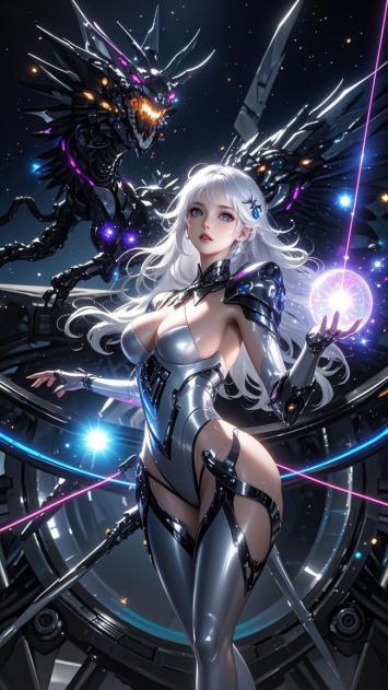 银发女战士对决机械巨龙的赛博朋克夜景