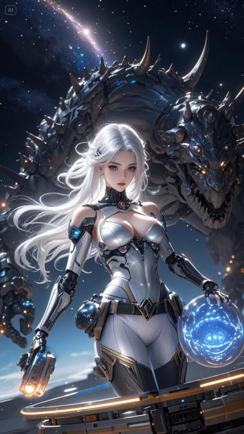 银发女战士对峙机械巨龙的赛博朋克宇宙战场