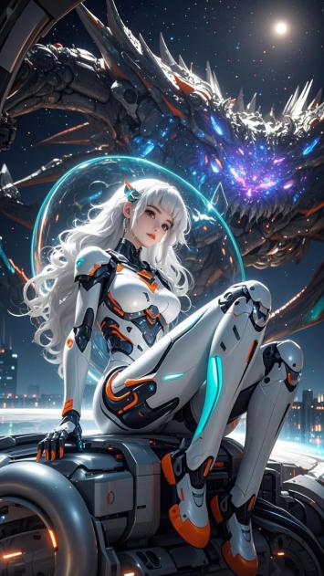 赛博朋克机甲少女与机械龙对峙星空夜景