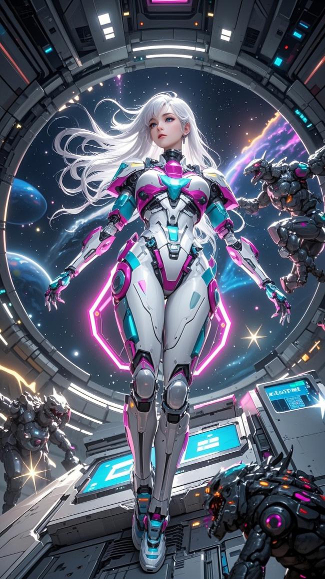 赛博朋克女战士立于太空舱，霓虹机甲耀目星空