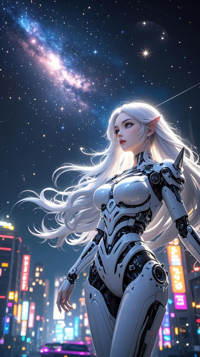 银发机甲少女立于霓虹星海之间