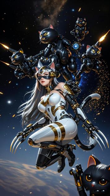 机械猫女太空激战赛博朋克风插画
