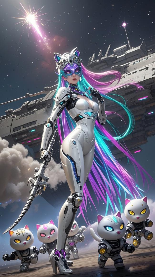 赛博朋克猫女战士与机械猫军团