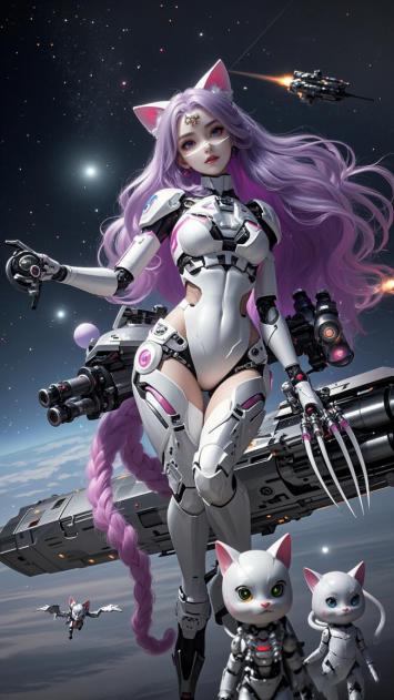 赛博猫女战神立太空战舰前