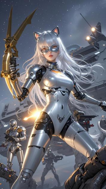 银发猫耳机甲女战士：赛博朋克太空战场