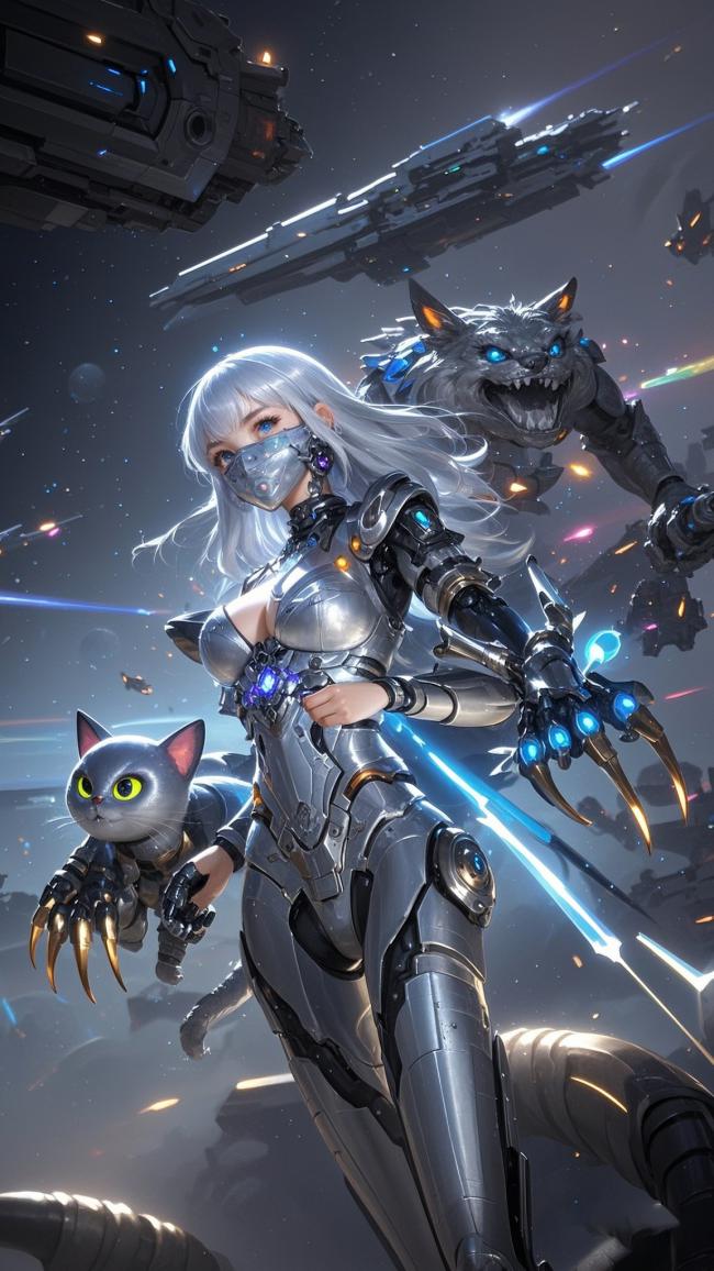 银发机甲女战士携机械猫迎战星际巨兽